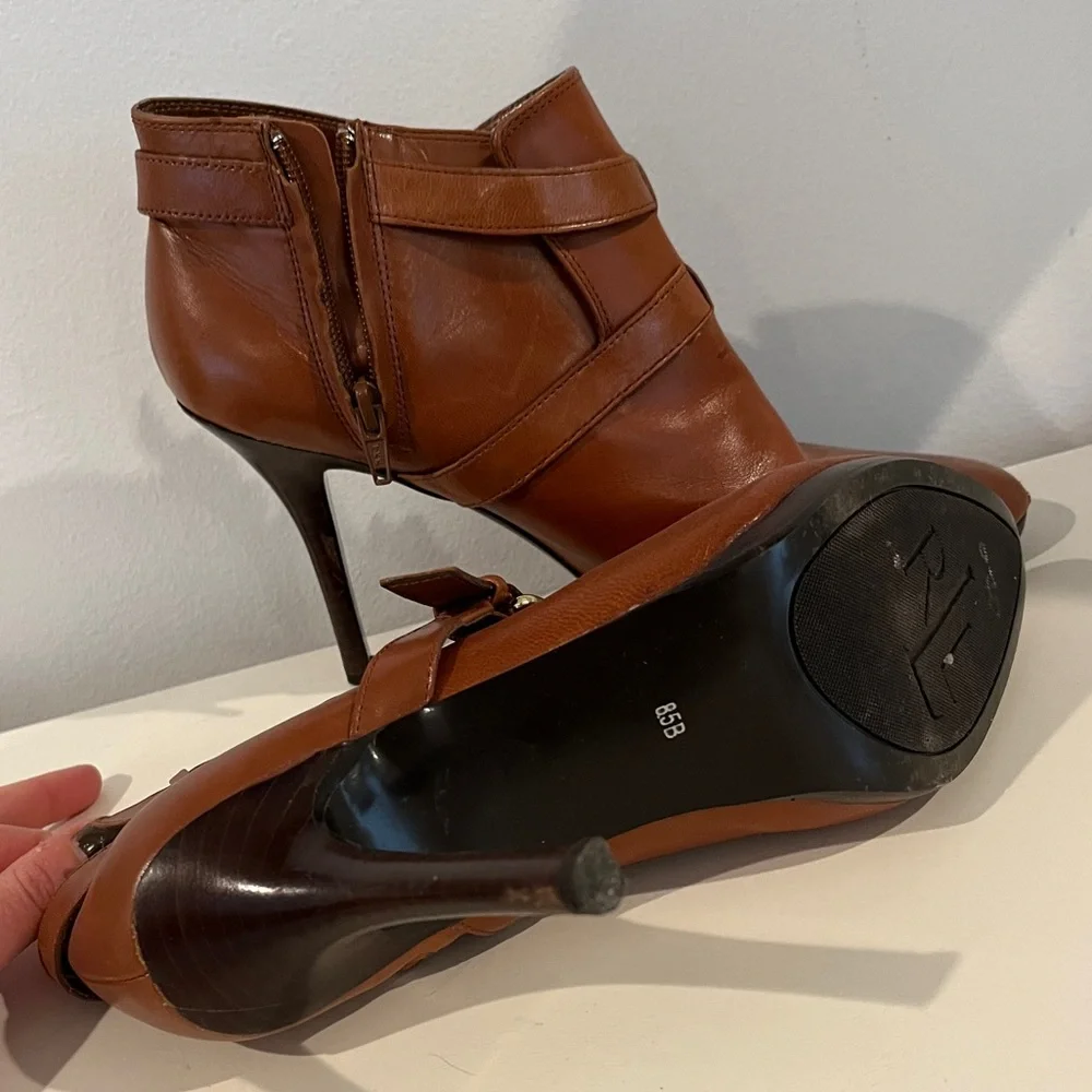 Lauren Ralph Lauren Cognac Leather Ankle Booties with Gold Buckles